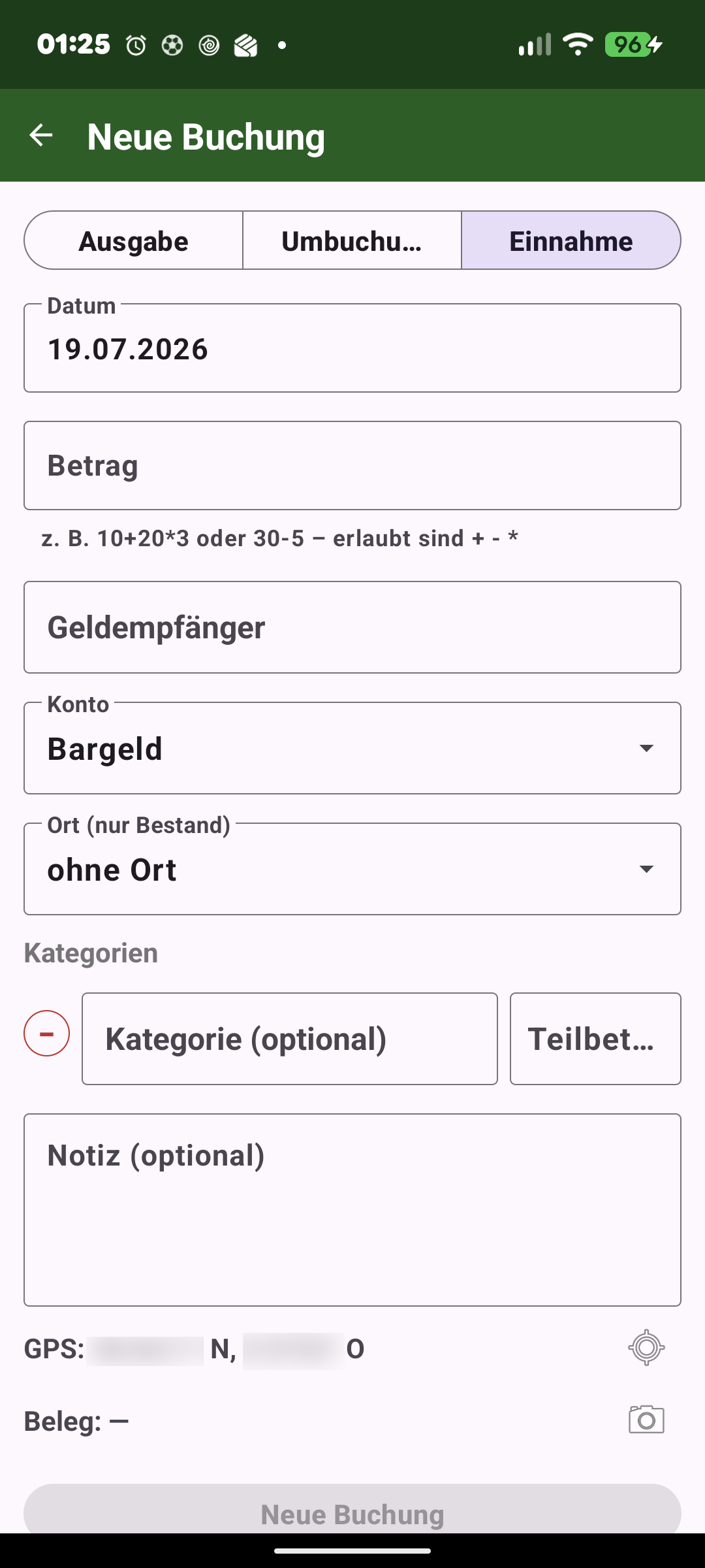 Ausgaben-App: Buchung erfassen