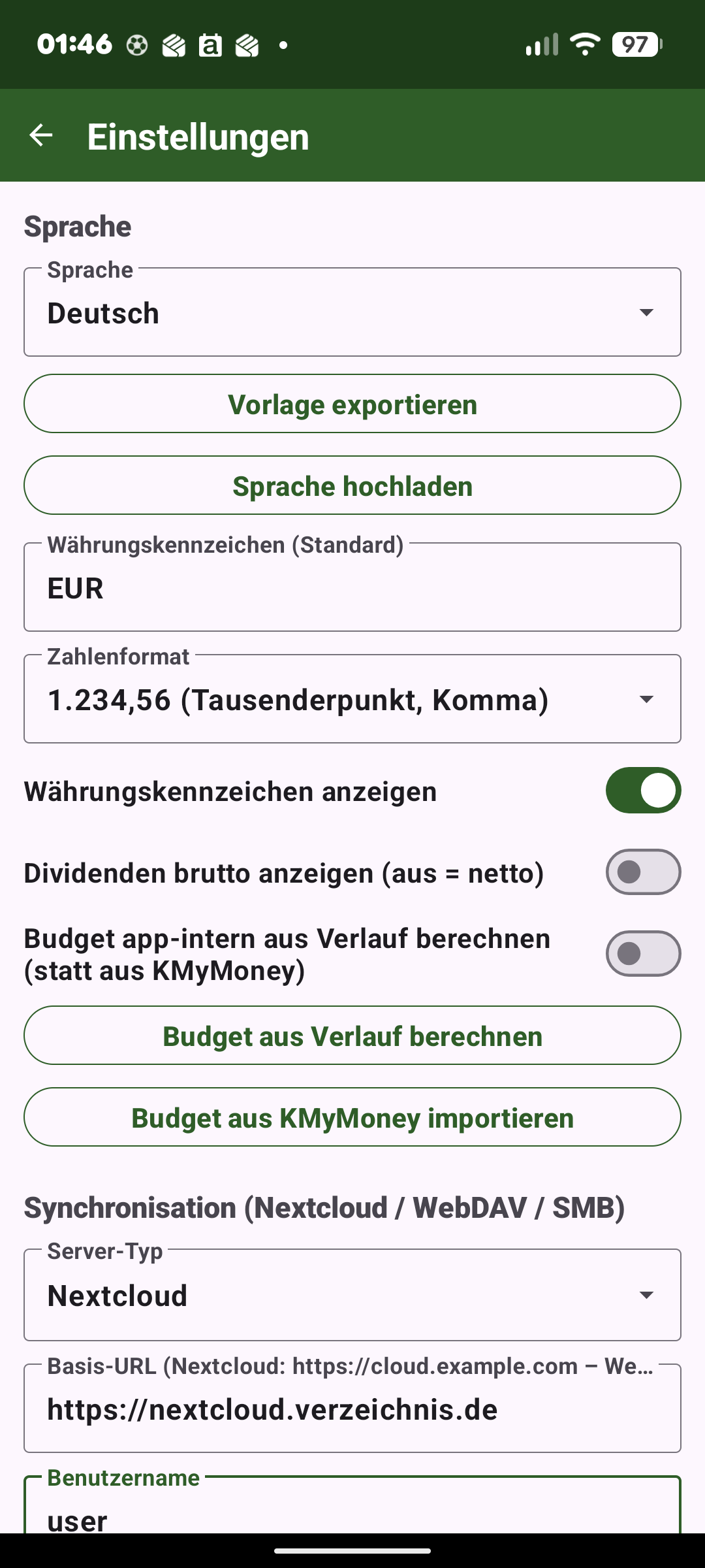 Ausgaben-App: Einstellungen