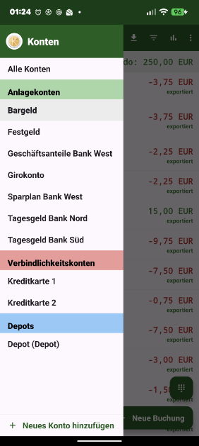 Ausgaben-App: Kontenmenü
